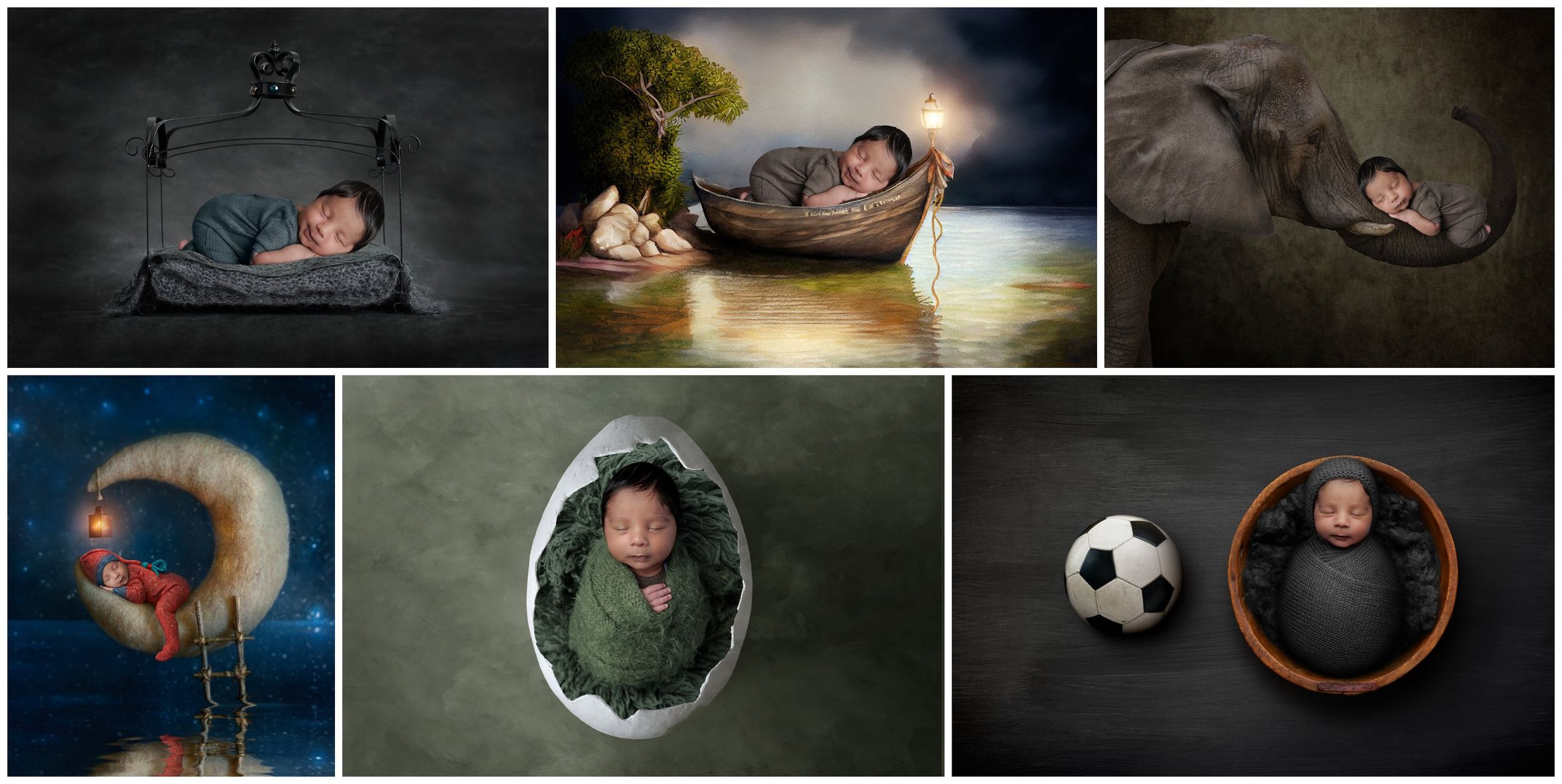 Collage of fine-art newborn portraits created in the Austin Newborn Photography studio. Images include a newborn posed on a tiny vintage bed