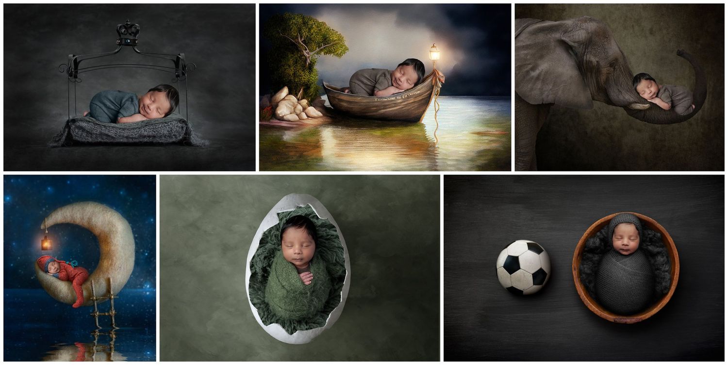 Collage of fine-art newborn portraits created in the Austin Newborn Photography studio. Images include a newborn posed on a tiny vintage bed