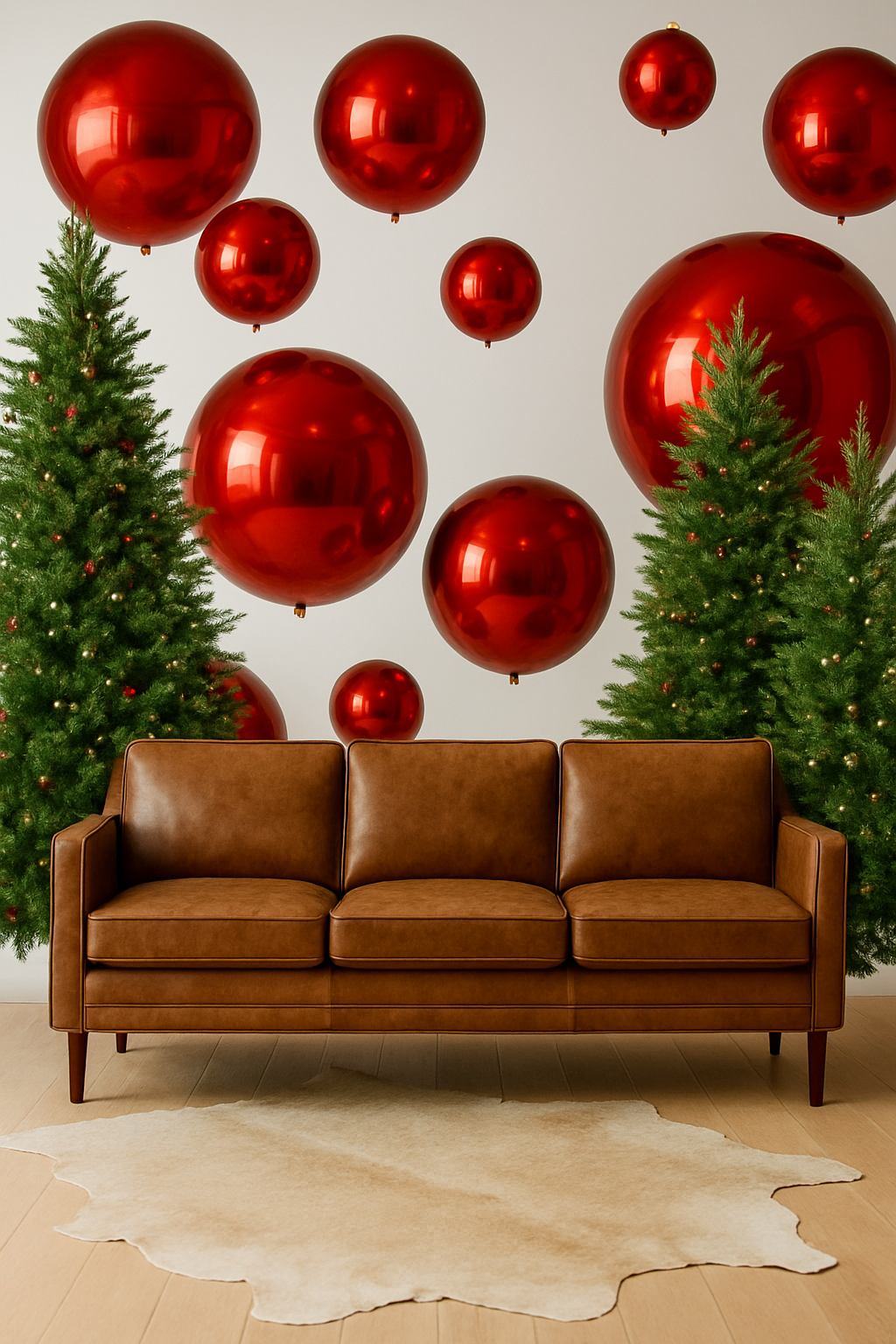 Modern brown leather sofa against white wall with giant red Christmas ornaments and evergreen trees creates festive scene.