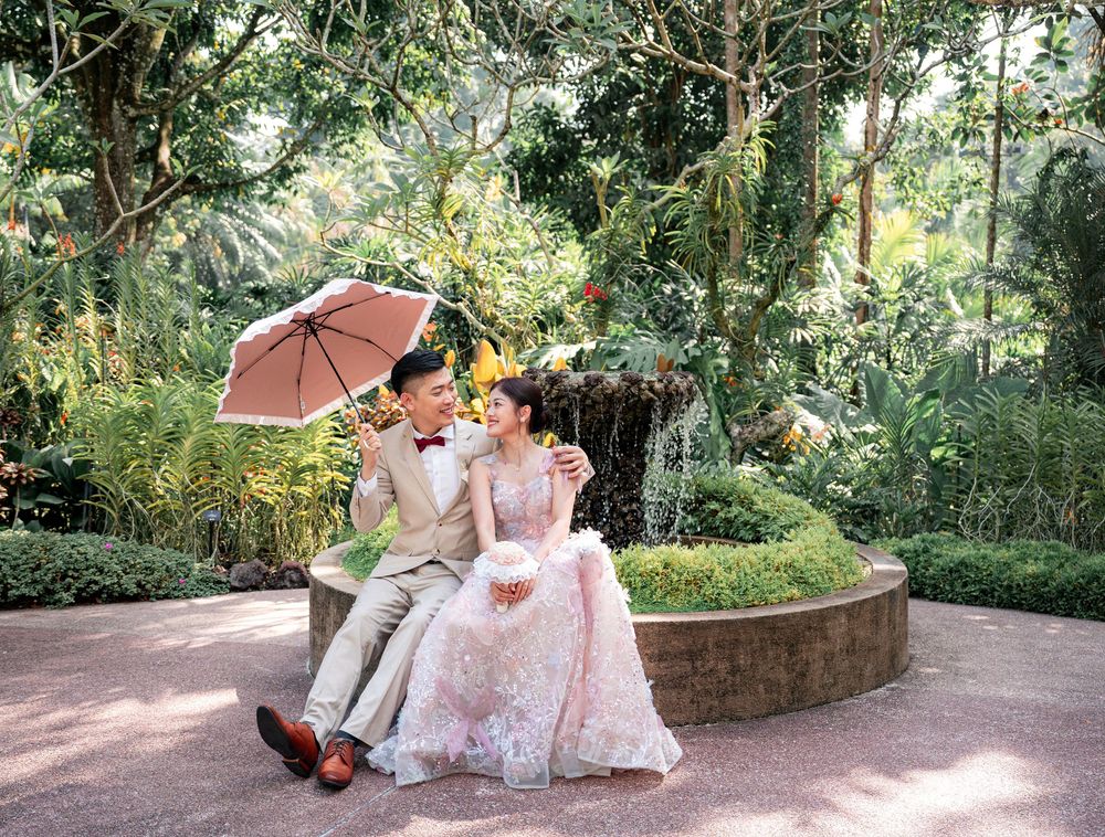 A romantic garden wedding scene with guests seated outdoors surrounded by lush greenery and tropical palm trees.