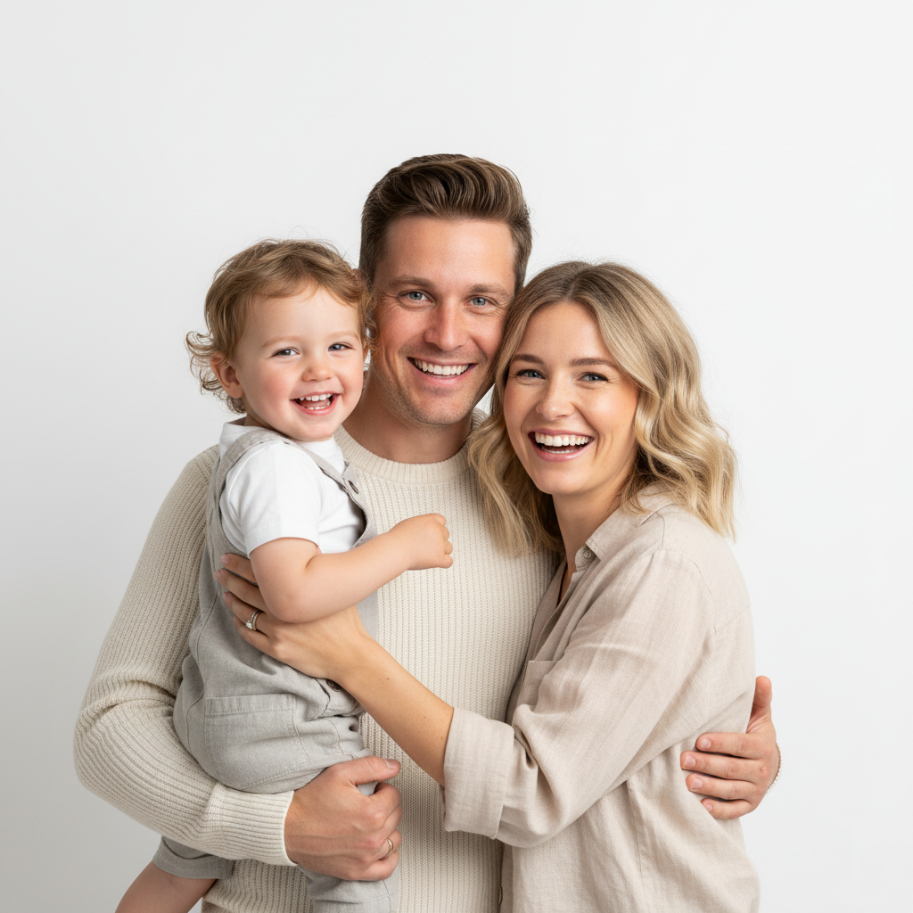 Familia posando en sesión fotográfica de estudio en Barcelona. Fotografía familiar profesional por Daniel Giménez.