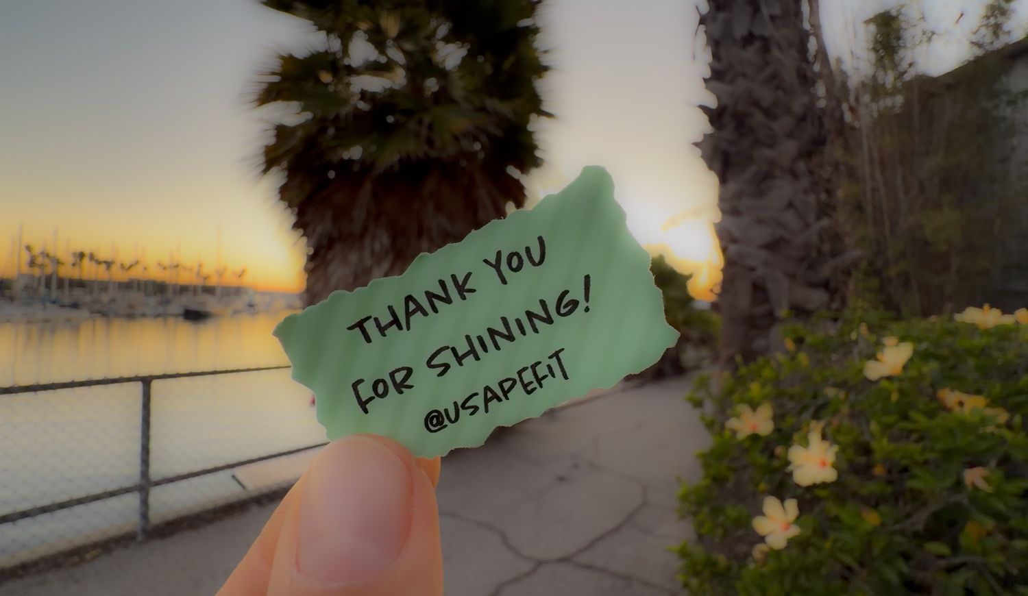 A scenic lake at sunset with palm trees silhouetted against the orange sky and a handwritten note in the foreground.