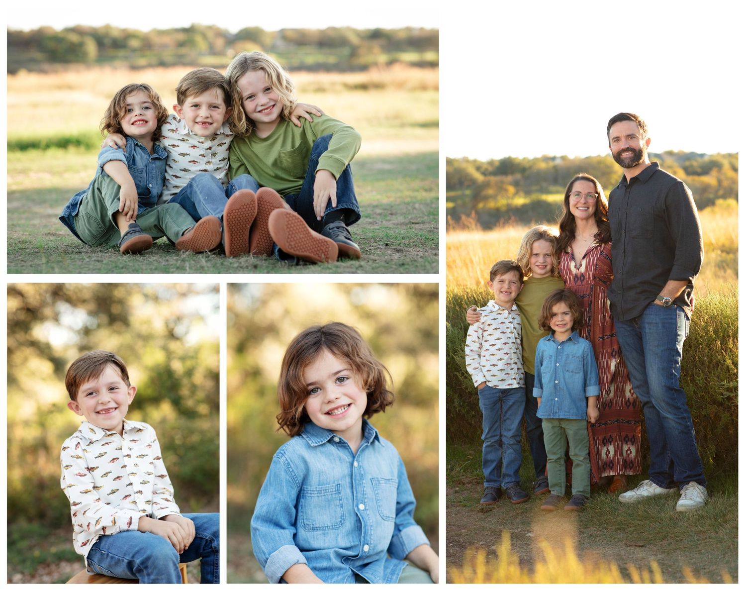 Homoeschool family fall mini session Cedar Park Texas. Boys and family members pose in the sunset light.
