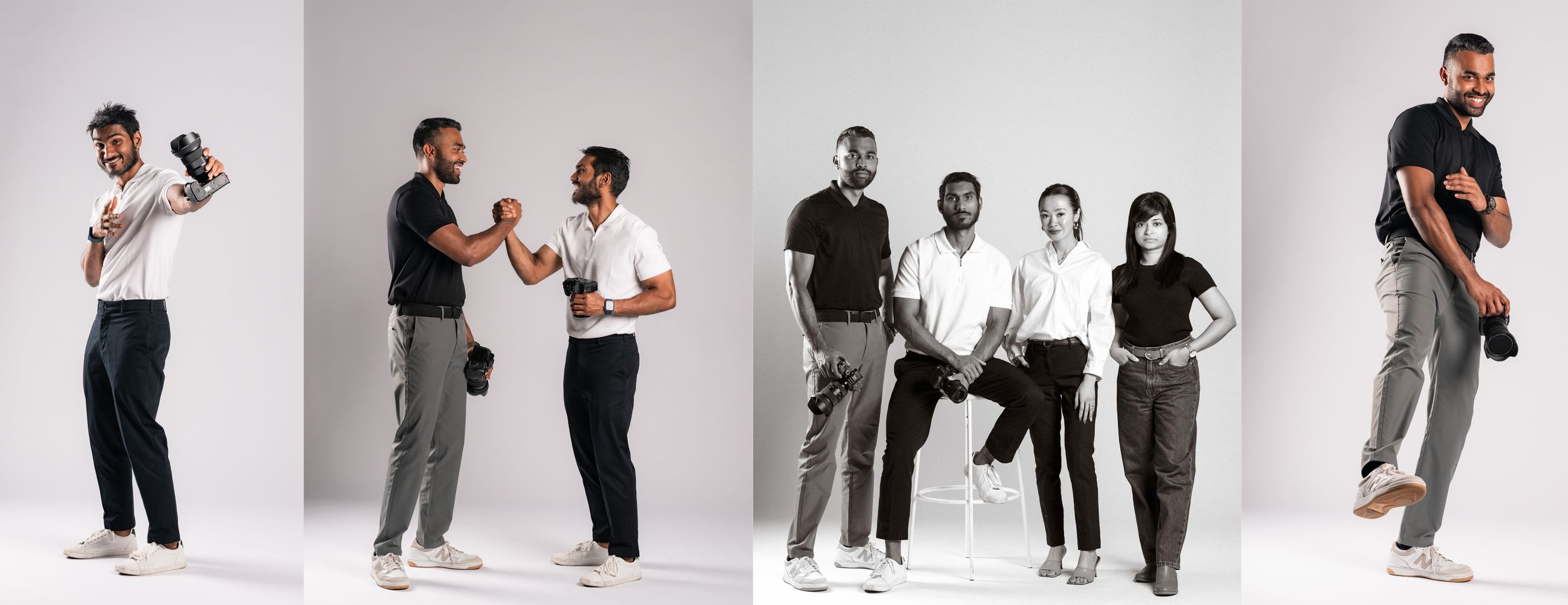 Group of people in casual black and white outfits striking various poses against a light studio background.