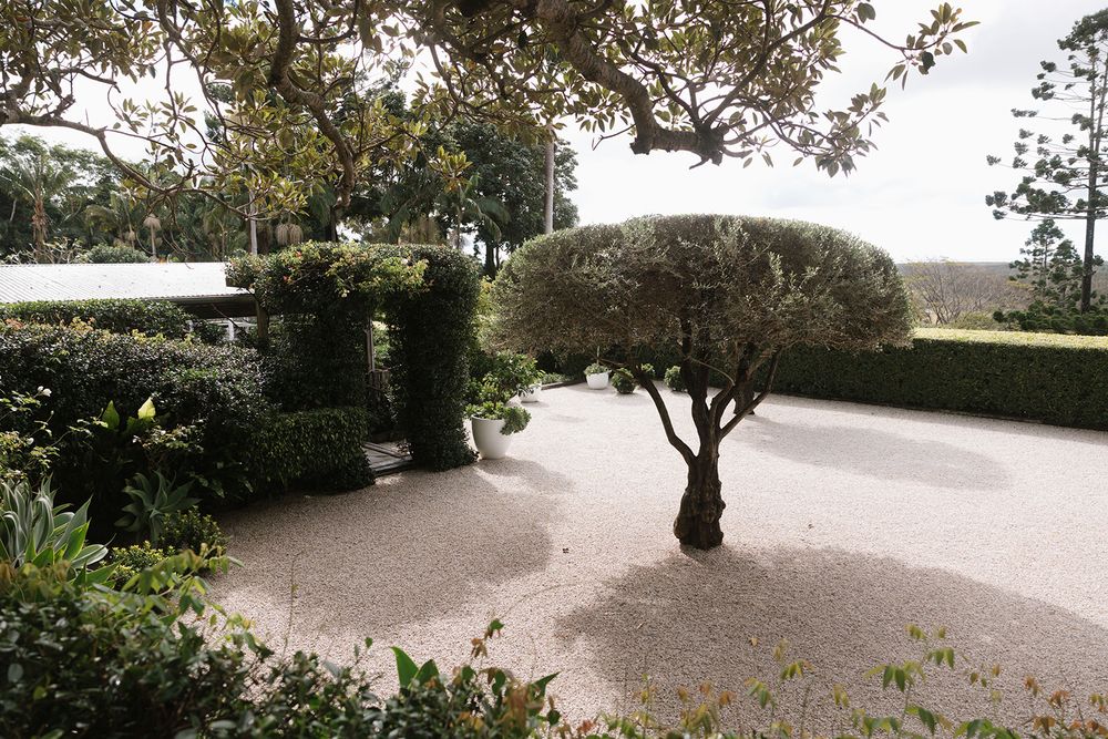 A scenic walkway with stone pavers winds through a peaceful Japanese garden with trees and shrubs.