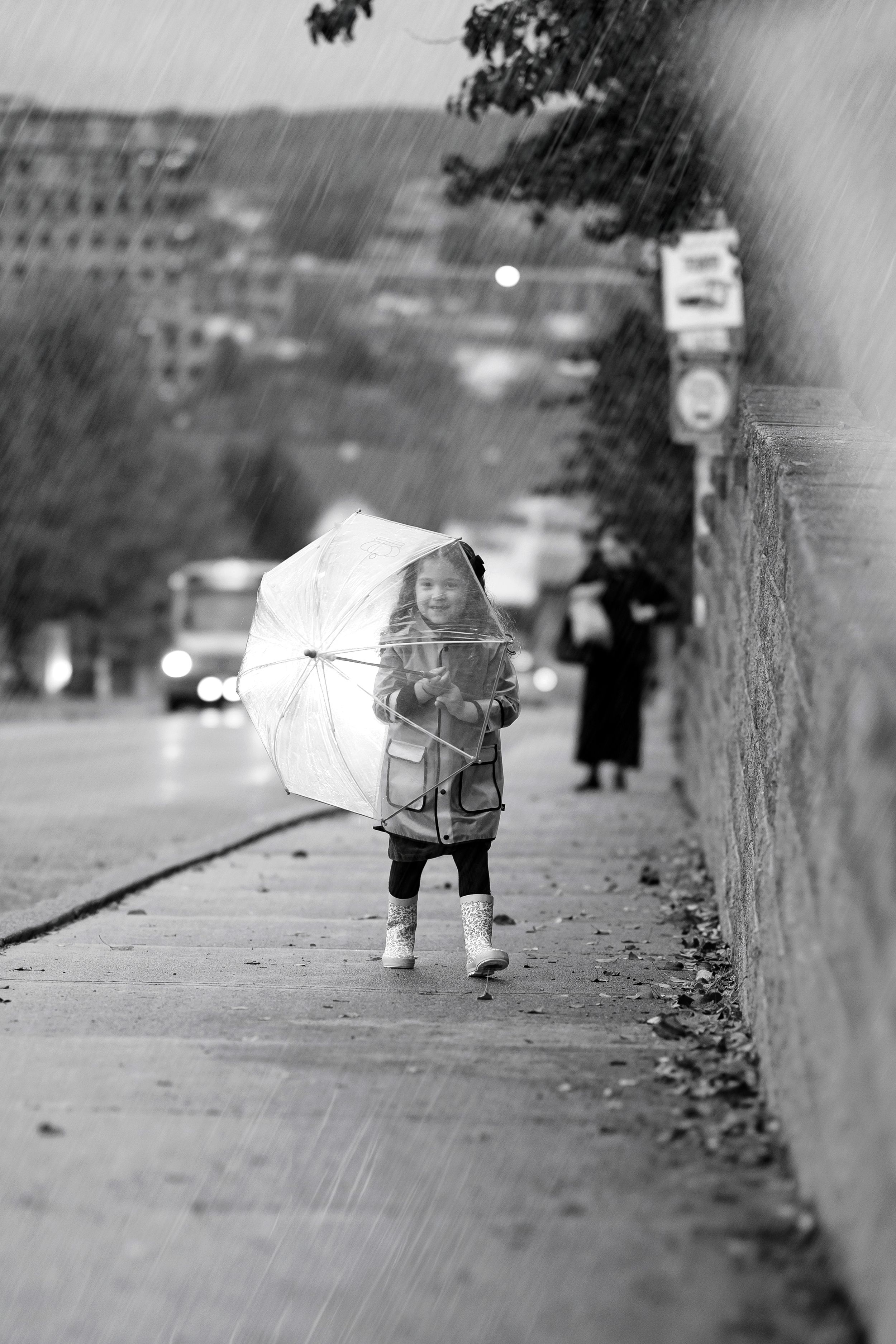 Black and white photo sequence showing a small dog walking across a sidewalk in an urban setting.