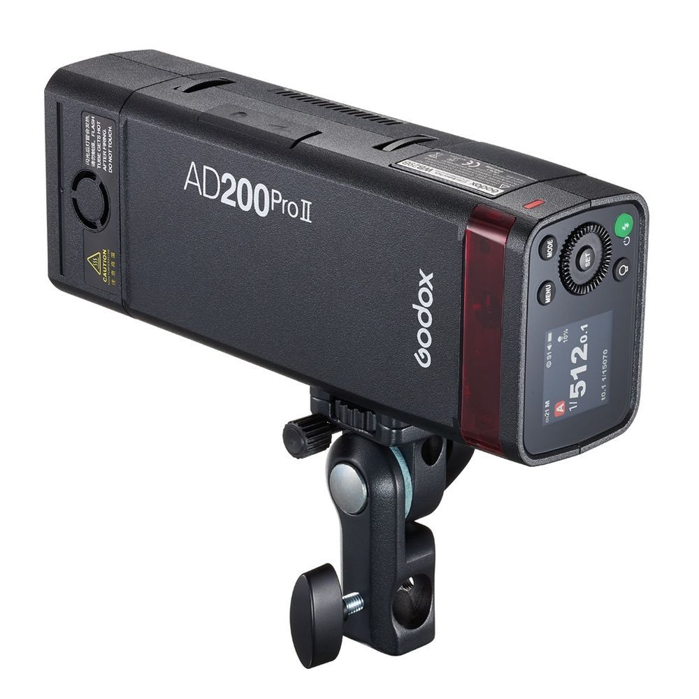 Black Godox AD200Pro portable flash unit shown from multiple angles displaying its compact design and controls.