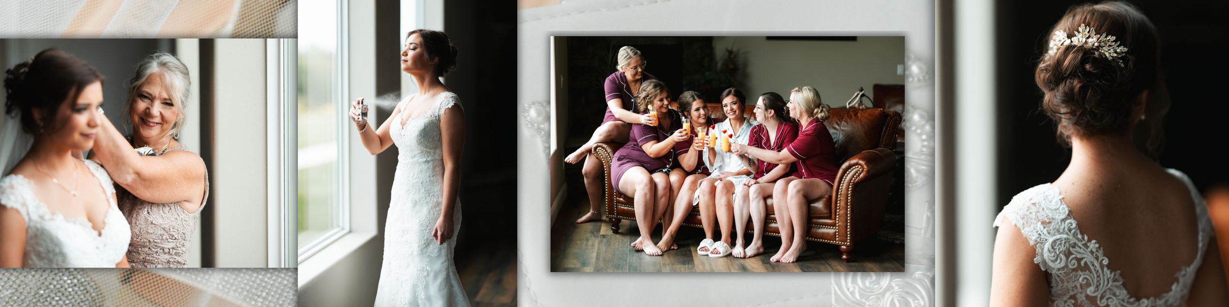 A series of black and white wedding photography thumbnails showing intimate moments and details from a celebration.