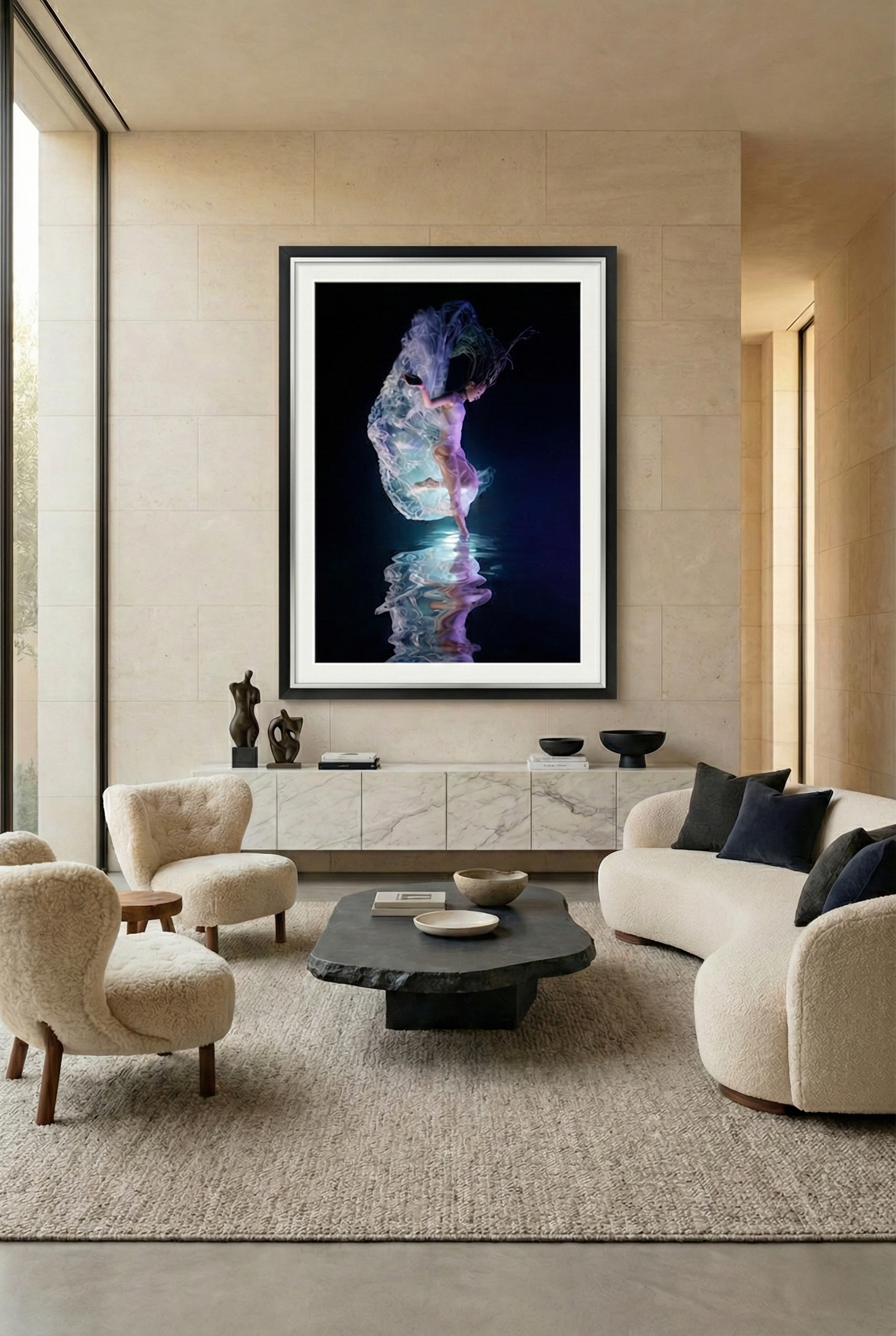 A luxurious living room features blue velvet chairs, ornate Persian rug, and modern art pieces in gold frames.