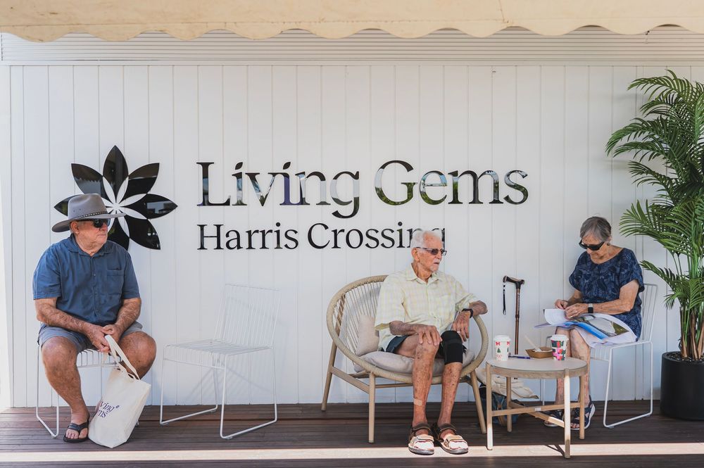 A collage of people sitting on outdoor benches at Living Gems Harris Crossing retirement community.