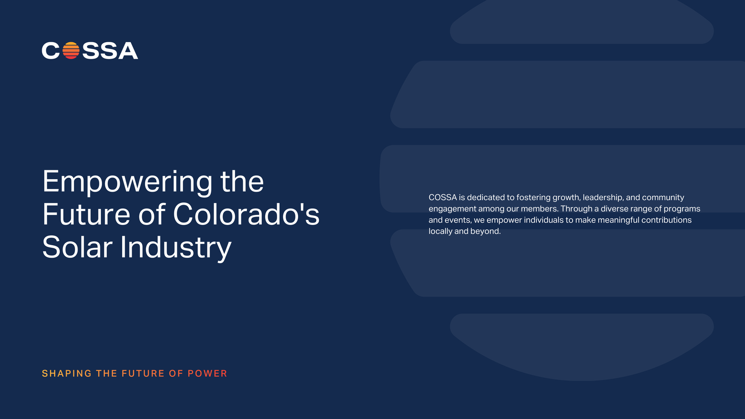COSSA brand header design with empowering solar industry messaging on navy background.