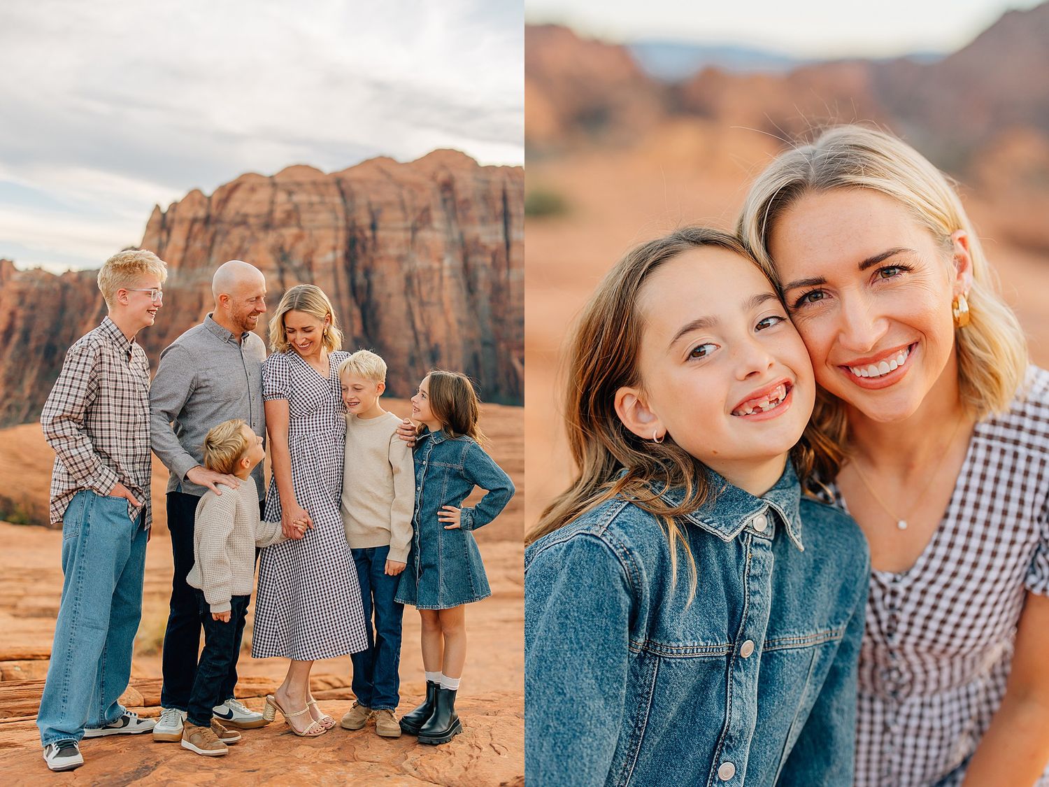 Candid family moments photographed among red rock cliffs and desert terrain.