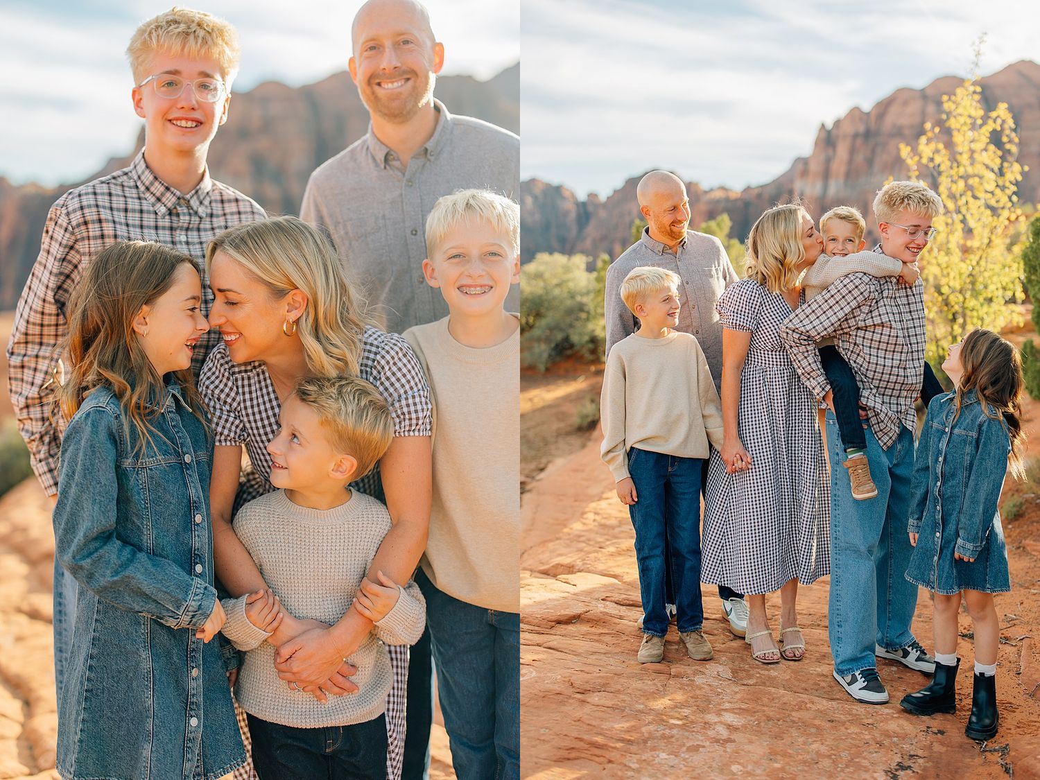 A family poses together against red rock formations in coordinating blue and grey outfits during sunset.