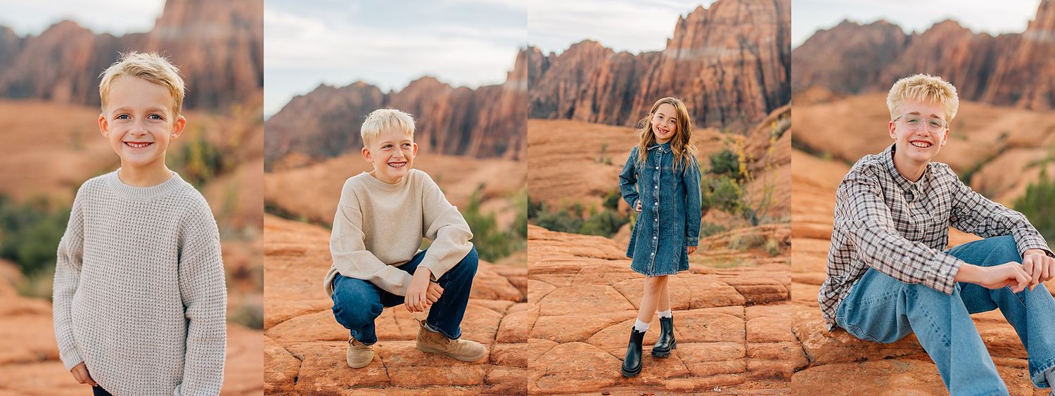 Series of candid family interactions captured on desert red rock terrain.
