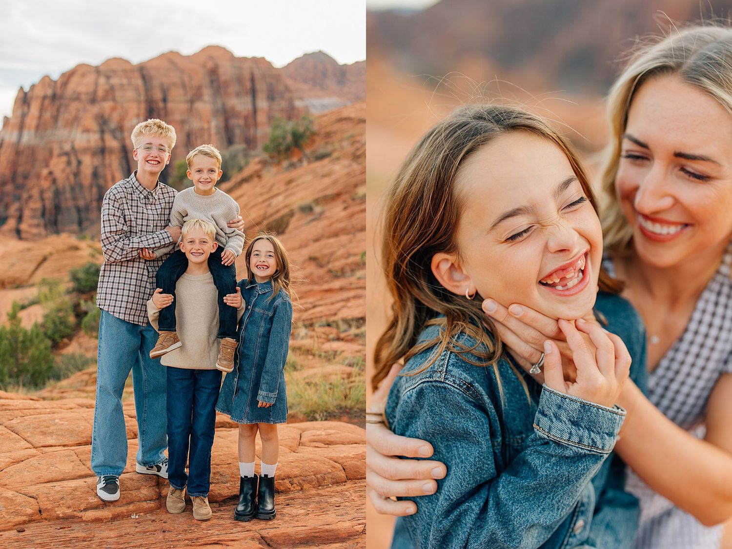 Candid family portraits captured against stunning red rock cliffs in the desert.