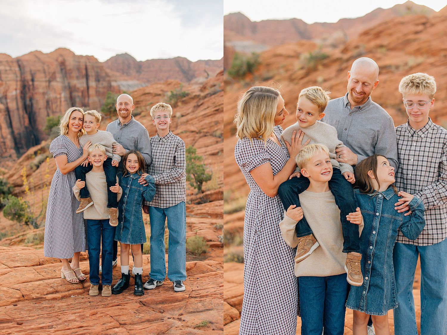 Multi-generational family group photo session on red rocks with matching coordinated outfits.