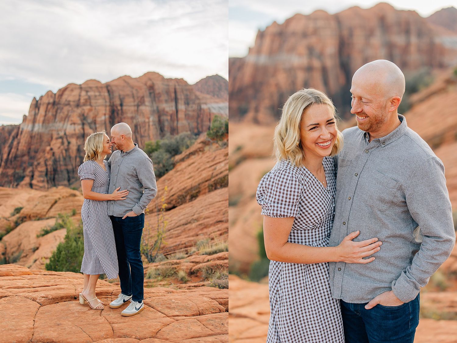 Romantic couple photos on red rock overlook with majestic canyon walls in background.