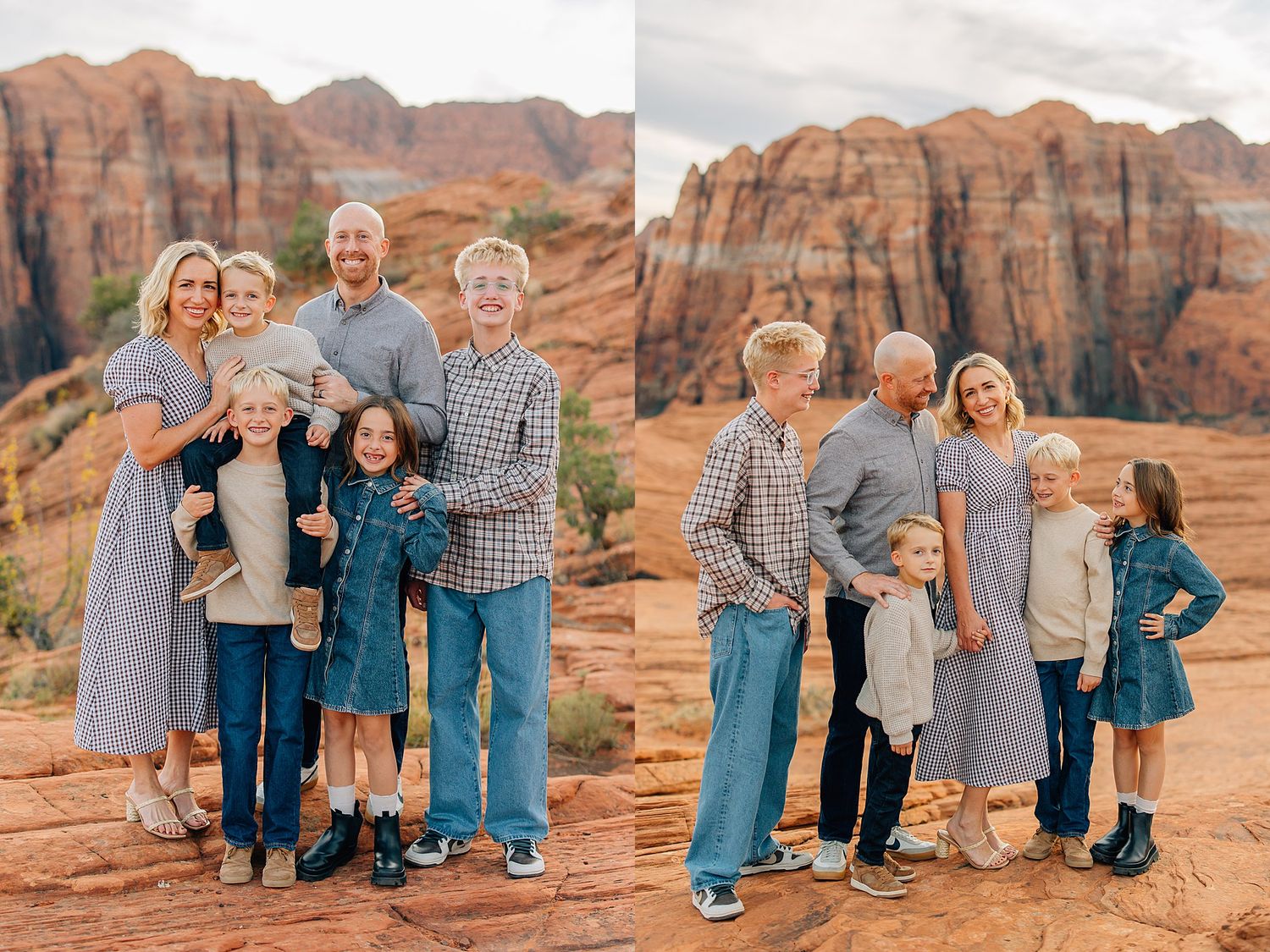 Family photo session featuring coordinated outfits against stunning desert canyon scenery.