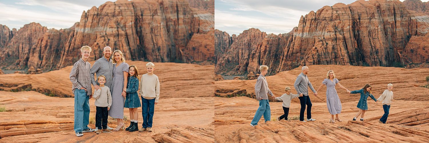 Family enjoying a photo session against stunning red rock formations in Snow Canyon State Park, Utah.