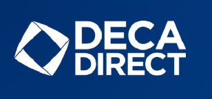 DECA Direct logo featuring white text on navy blue background with tilted square icon.