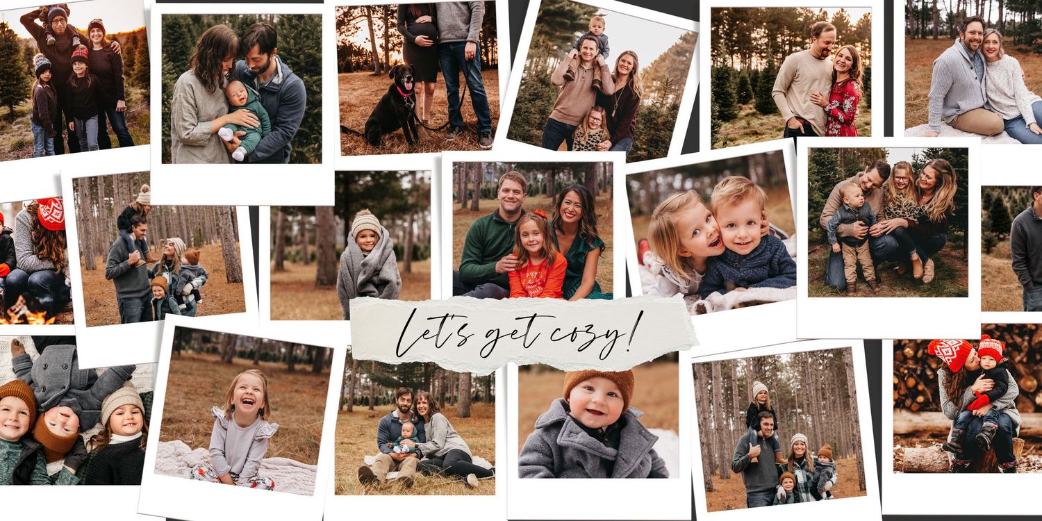 Collage of several polaroid-looking photos of families at their tree farm mini session in the Twin Cities
