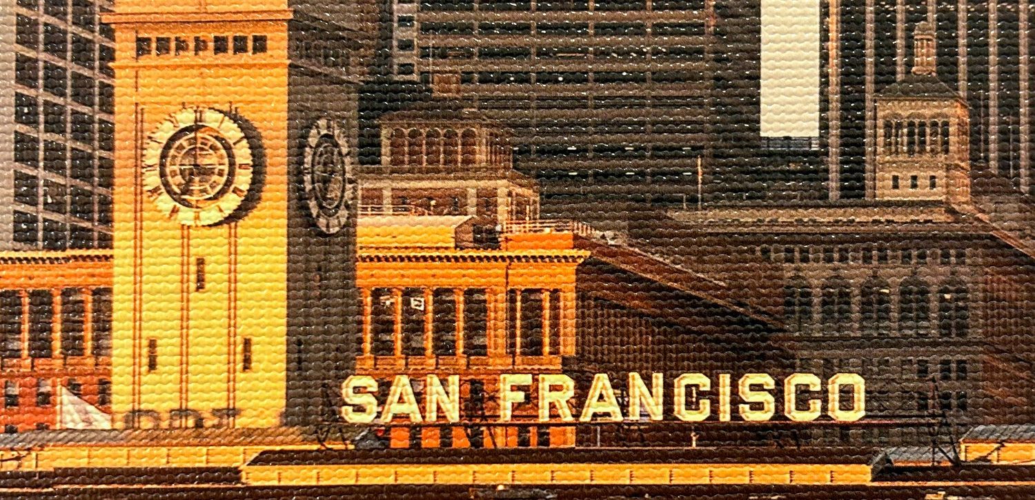 Detailed view of the San Francisco Ferry Building and skyline rendered in a golden sunset glow.
