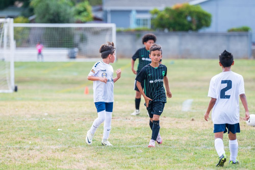Youth soccer players compete on a grass field with a goal visible in the background.