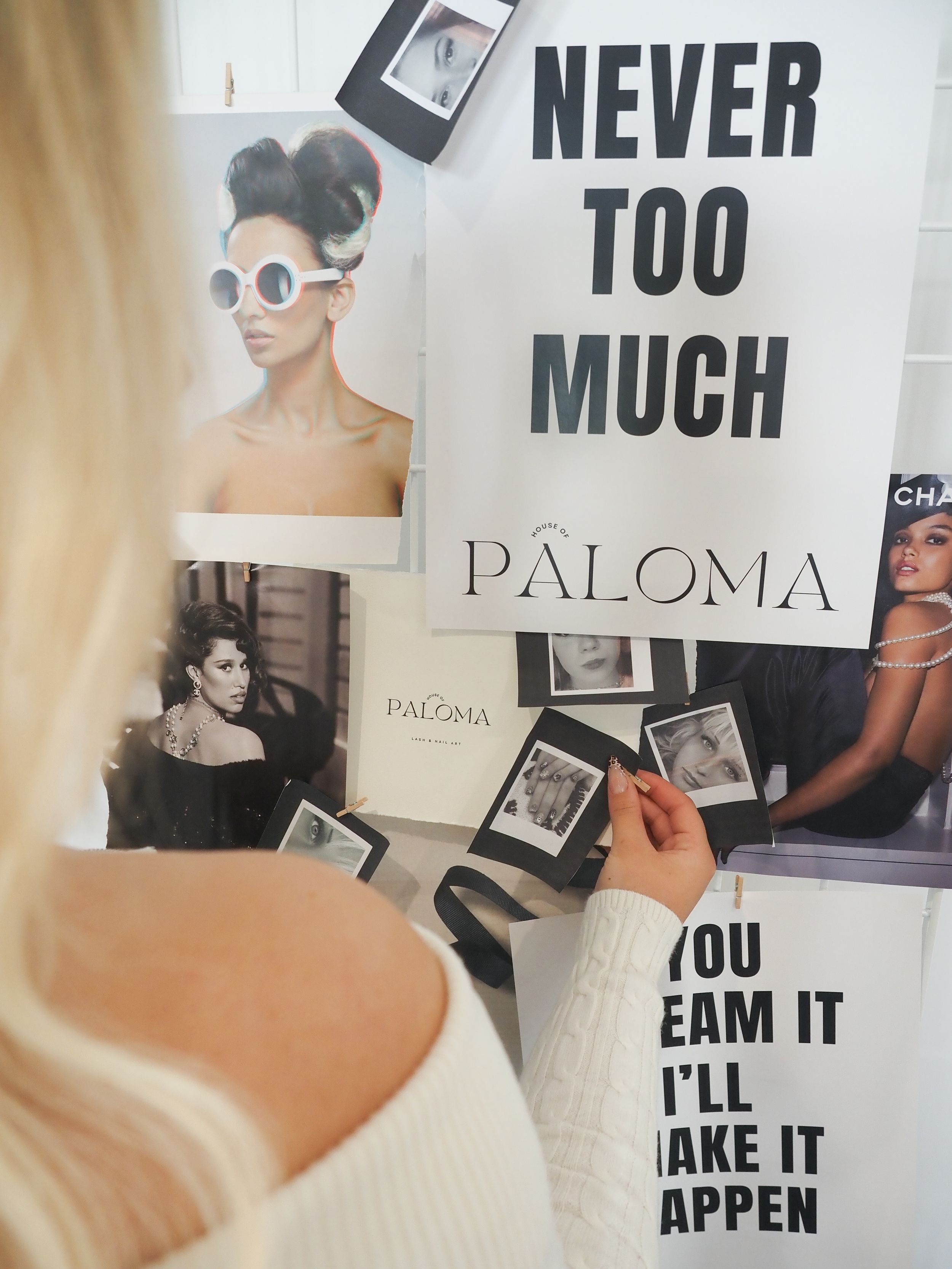 A collage of black and white fashion photography mood board with text overlays and polaroid style images.