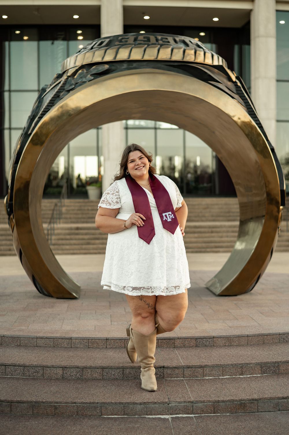 A series of five photos showing someone posing playfully in front of curved bronze architectural arches.