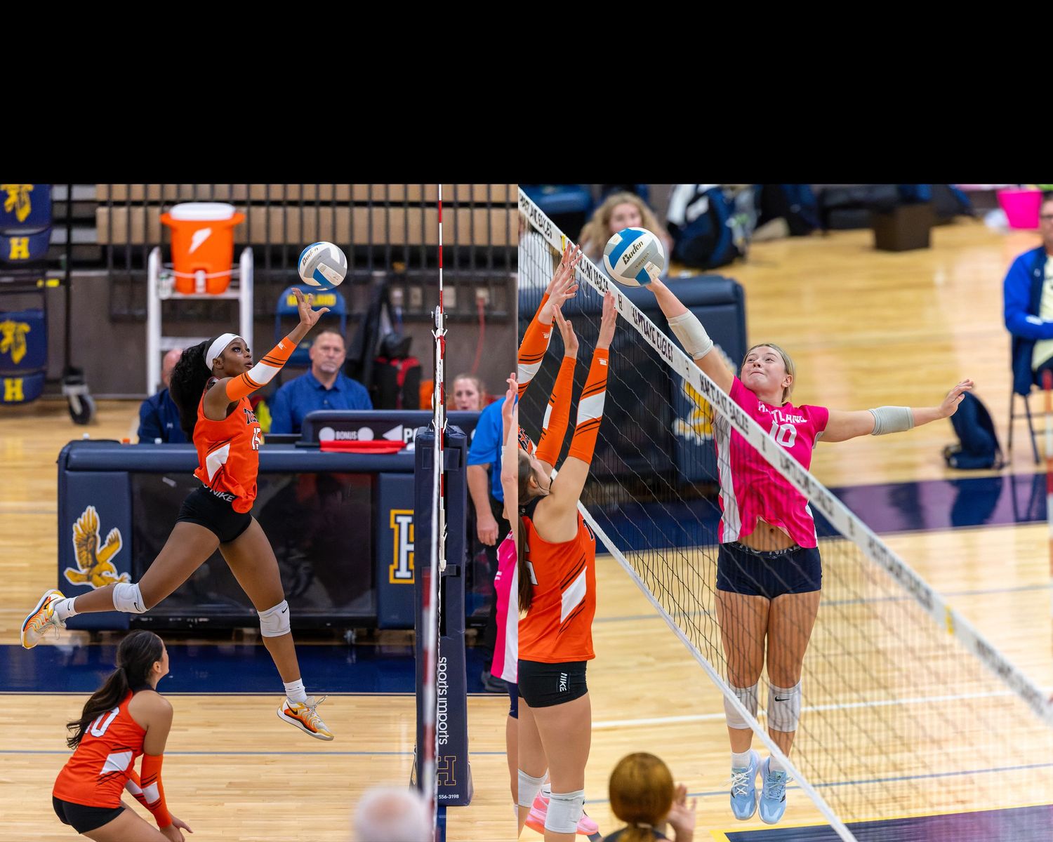 Volleyball players jump at the net during an intense indoor match with multiple action shots shown in sequence.