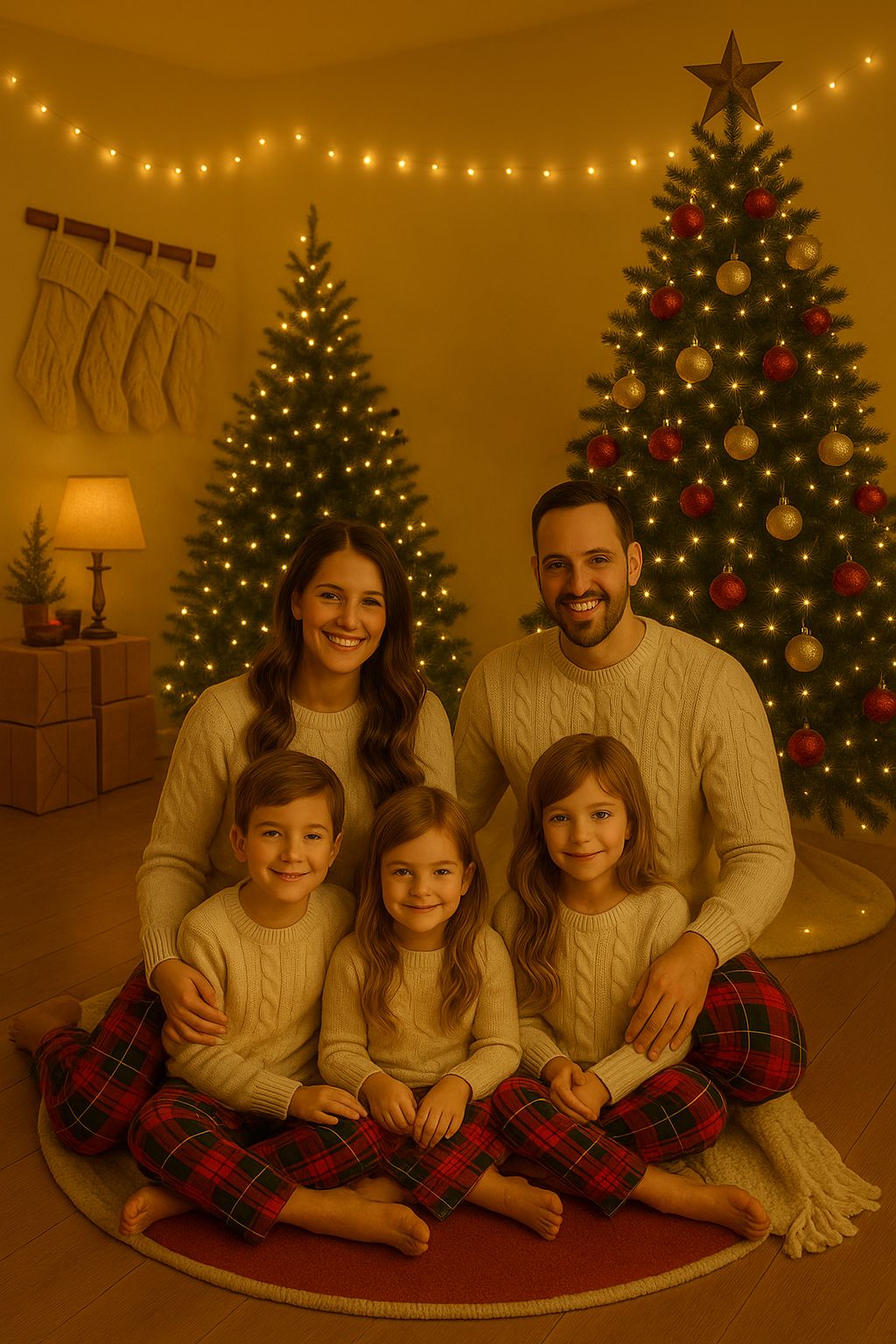 Family enjoying festive moments by decorated Christmas tree in matching plaid pajamas in warm holiday lighting.