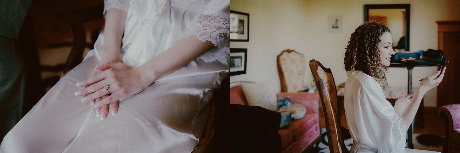 A series of candid wedding moments showing dress adjustments, embraces, and emotional interactions during preparations.