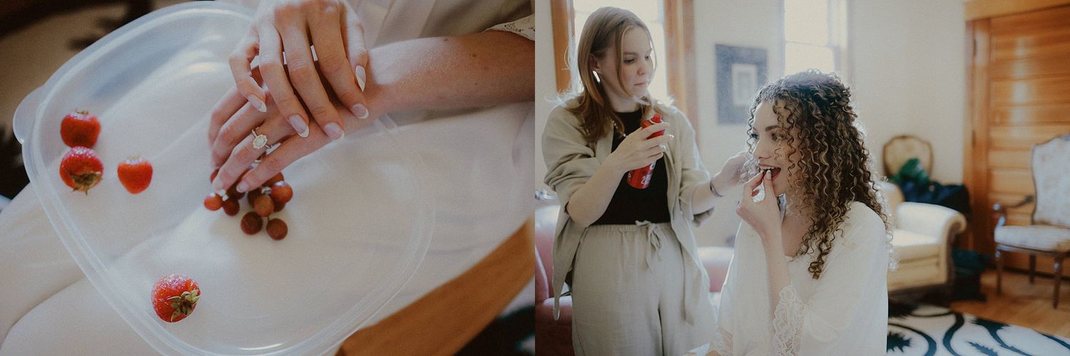 Two side-by-side images showing hands washing strawberries and someone getting their curly hair styled at a salon.