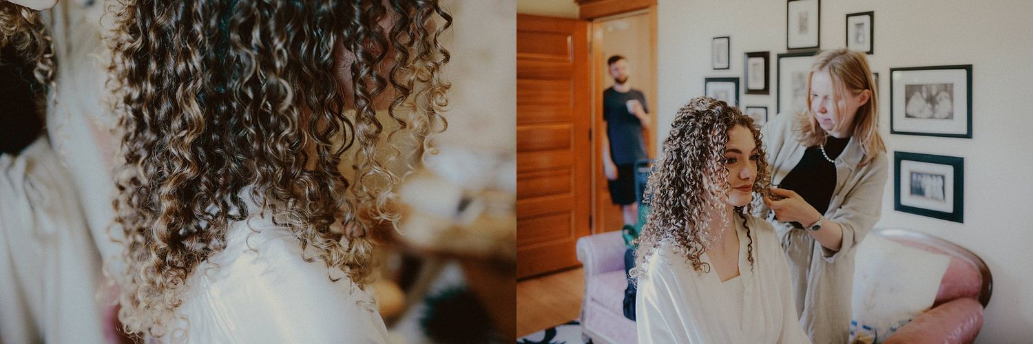A series of candid moments showing a person with curly hair laughing and expressing joy in a bright indoor setting.