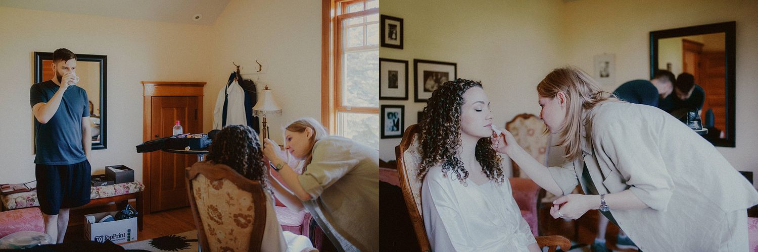 Wedding preparation moments captured in a room with wooden trim and photo frames.
