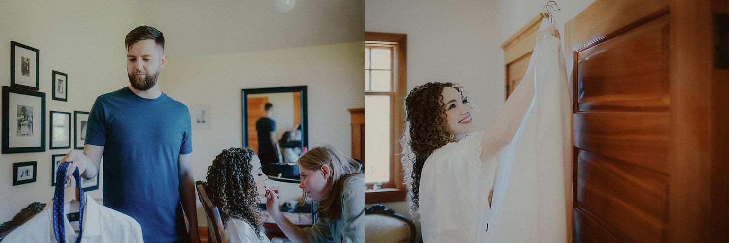 Wedding day preparation scenes in a bright interior space with wooden details.