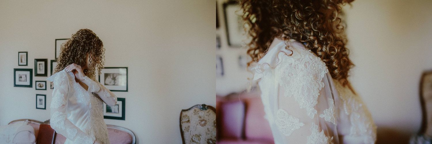 Two artistic wedding preparation shots showing details of a white lace gown.