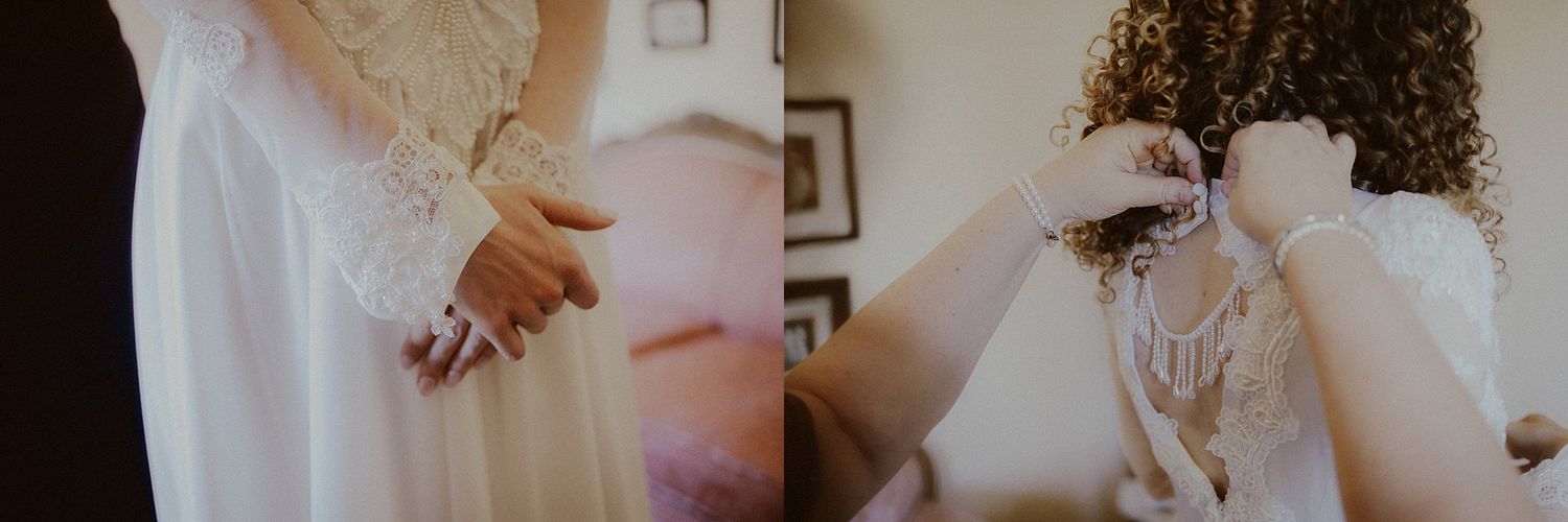 Artistic sequence of wedding preparation photos showing makeup application in natural light.