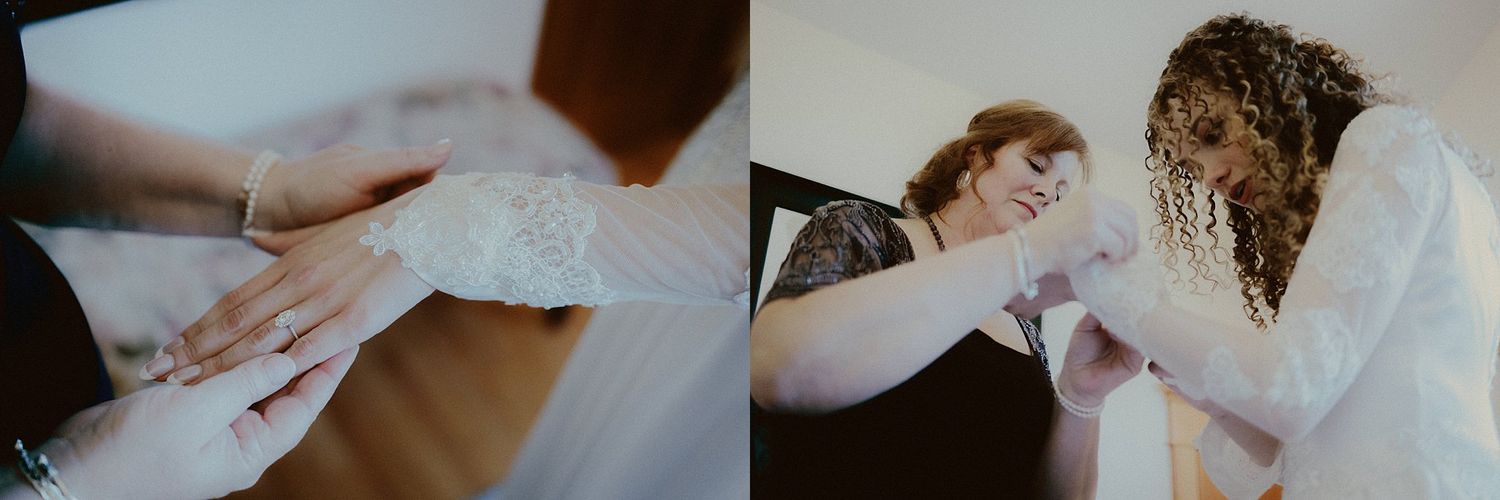 Series of candid getting-ready moments during bridal preparation with soft lighting.