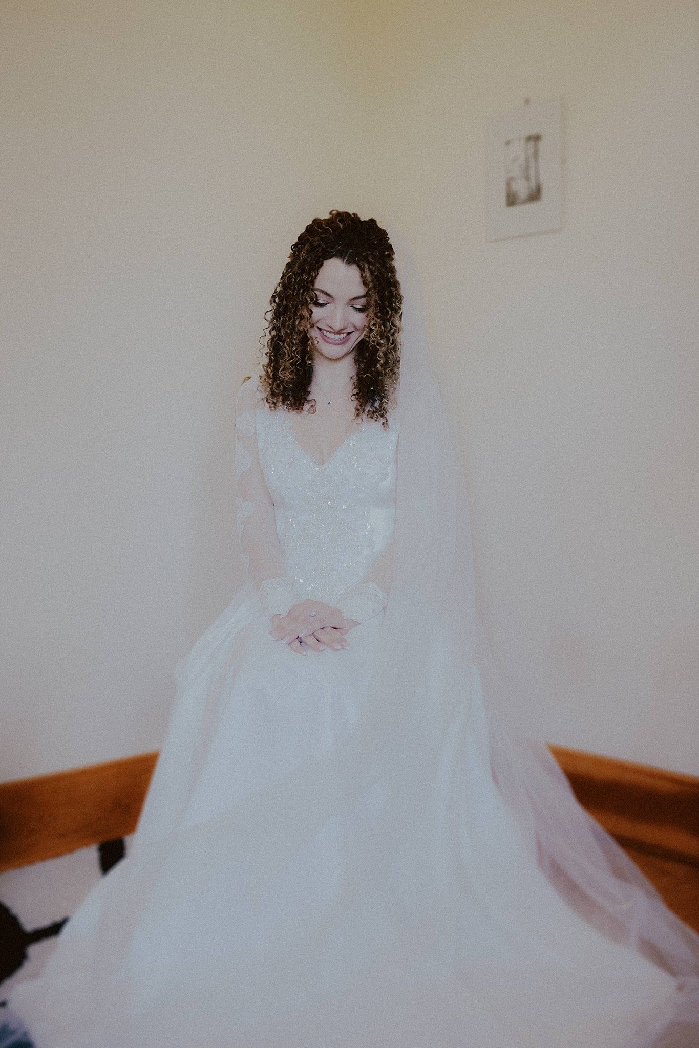 A romantic bridal portrait featuring a flowing white wedding gown.