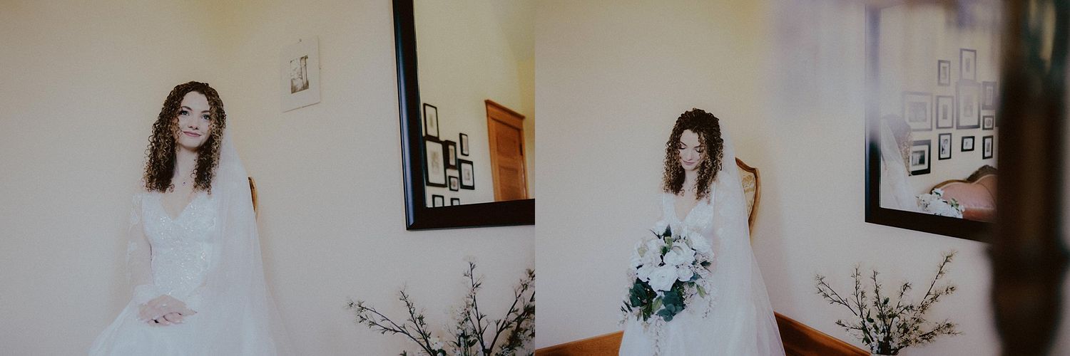 Artistic split-frame composition of bridal portraits in a sunlit room.