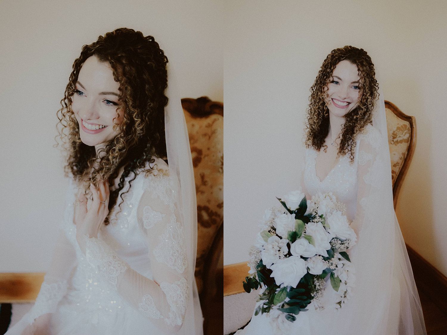 A series of bridal preparation photos showing a white wedding dress and bouquet details.