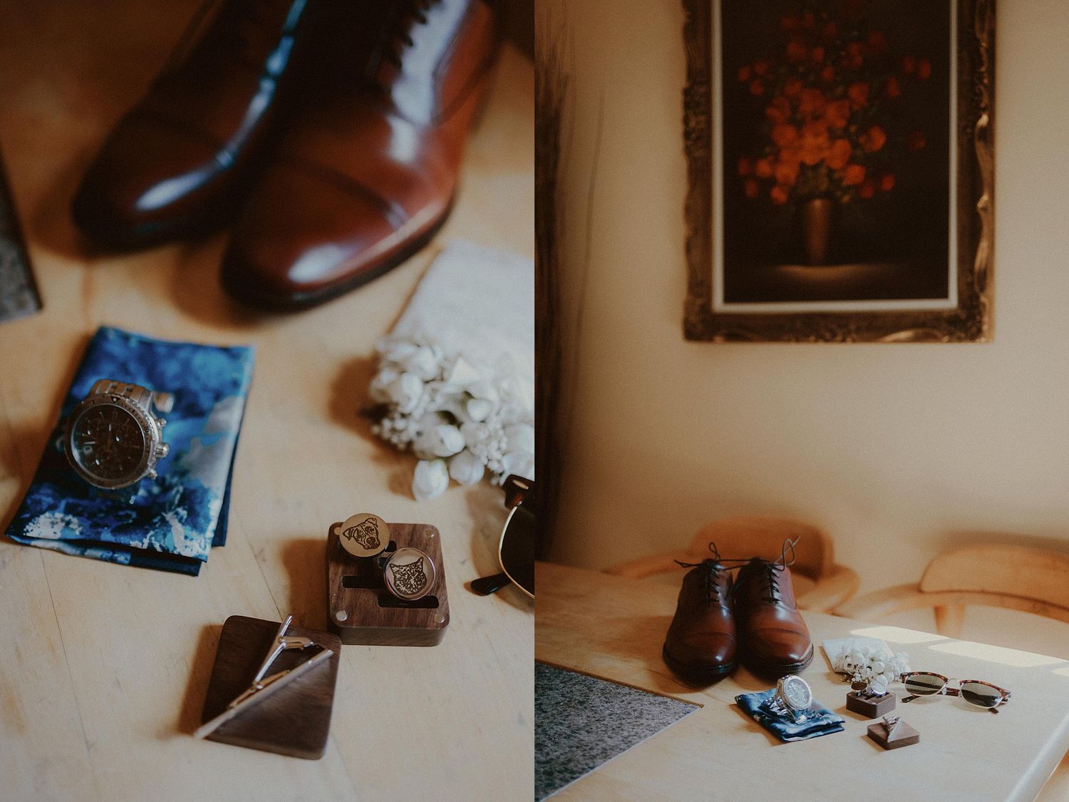 Wedding details including shoes, rings, and personal items arranged on a rustic wooden surface.