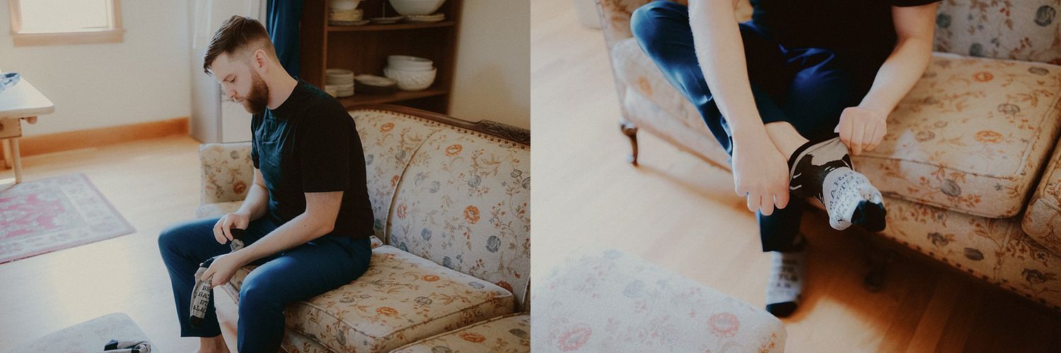 Wedding preparation moments captured in a series of intimate indoor photographs.