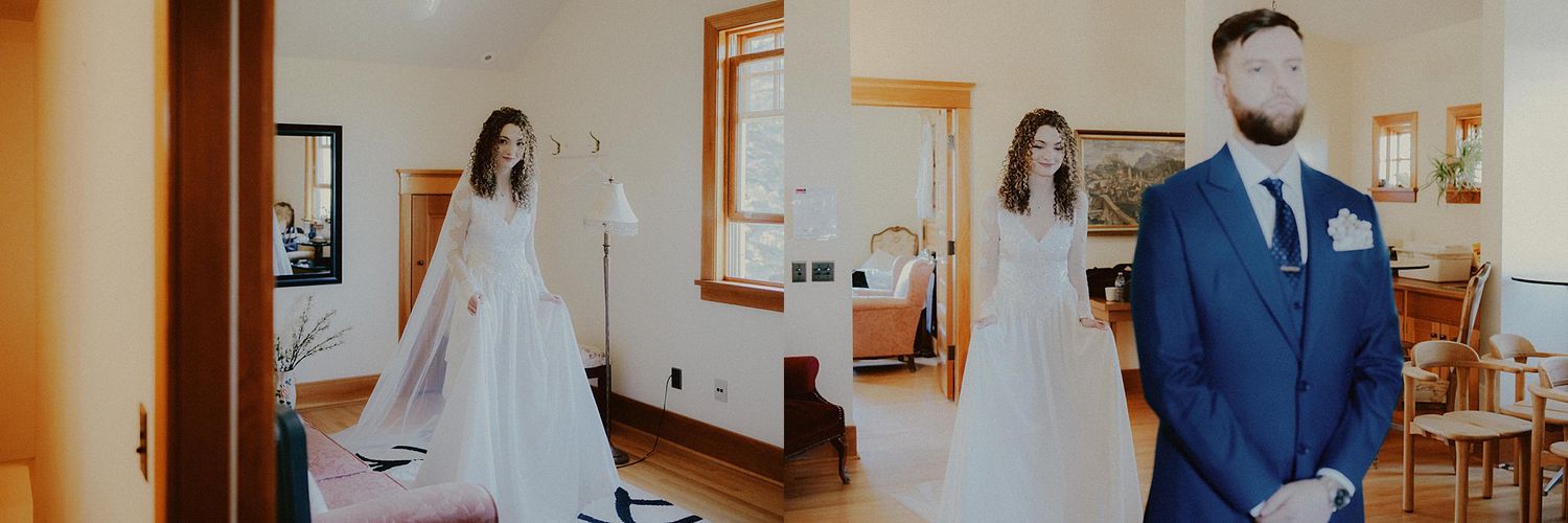 Panoramic view of wedding preparation scenes with warm lighting and intimate moments.