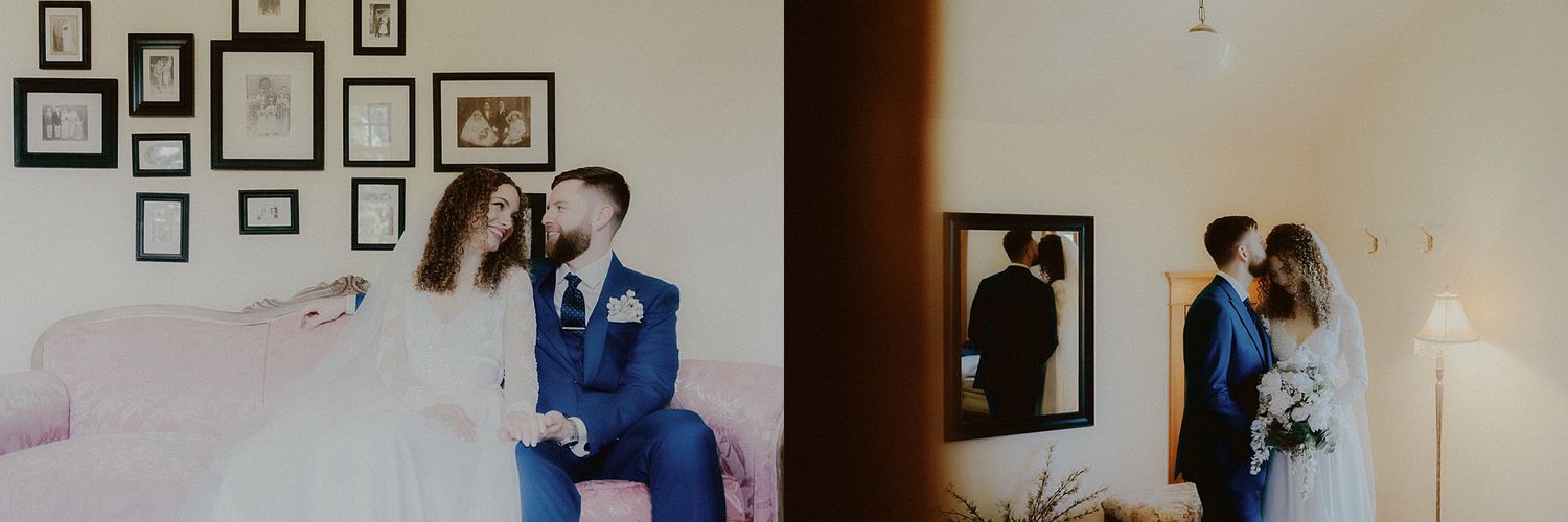 Wedding couple shares tender moments in room decorated with framed photos on wall.