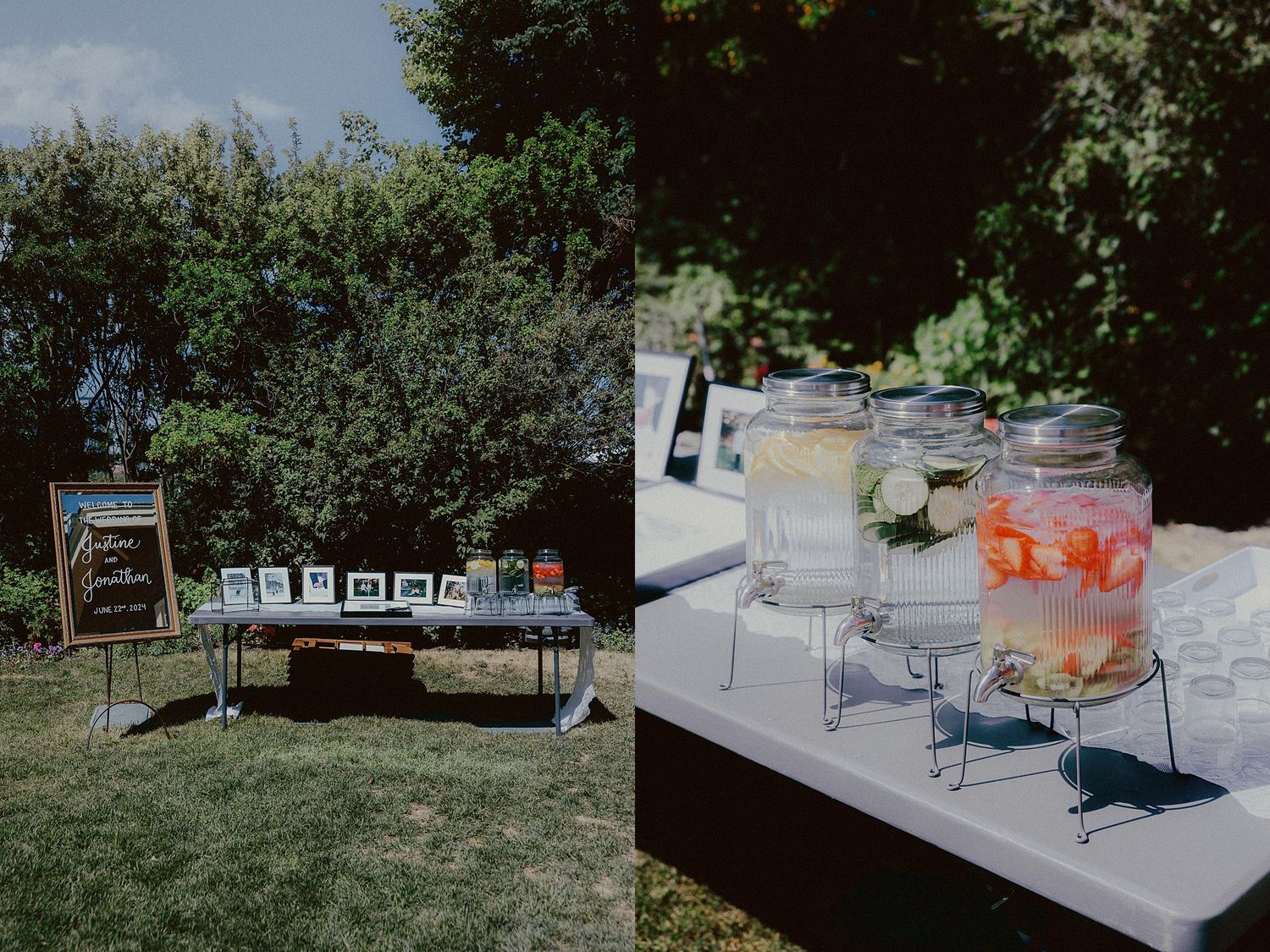 Wedding reception setup with tables and chairs outdoors in a garden setting.