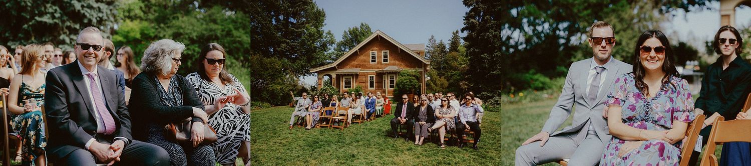 Wedding guests enjoy an outdoor garden reception with string lights and rustic decor.