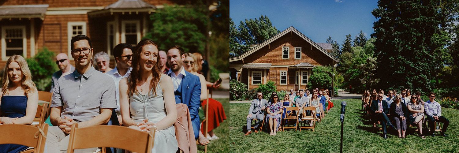 Outdoor wedding ceremony setup with wooden chairs and natural scenery.