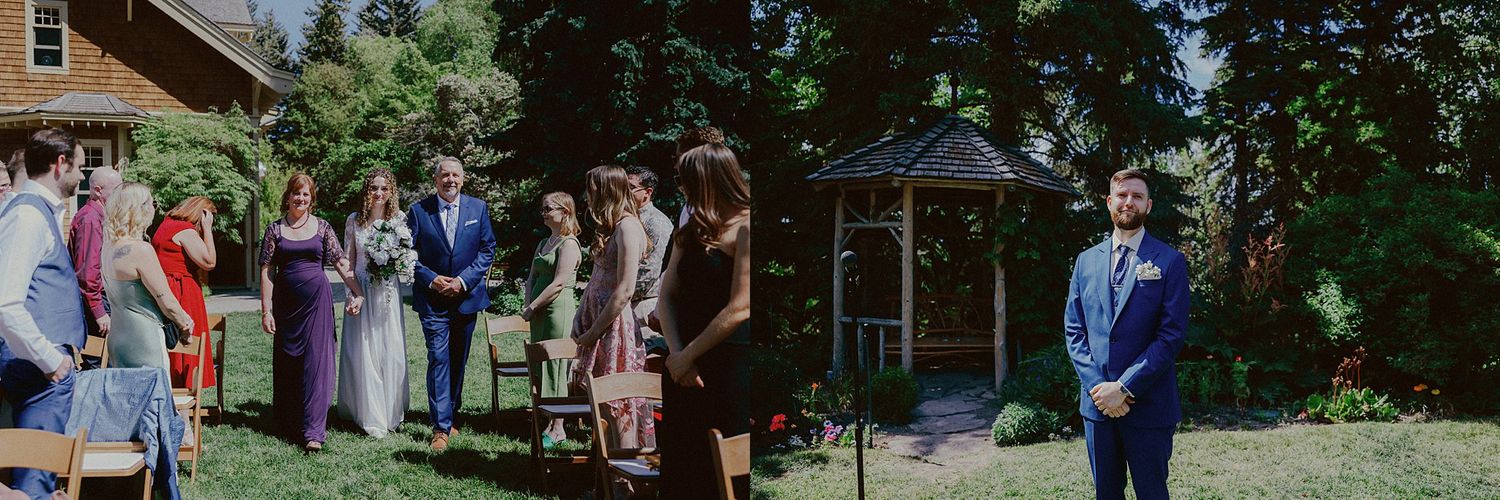 Wedding guests gather outdoors in a lush garden setting for a celebration.